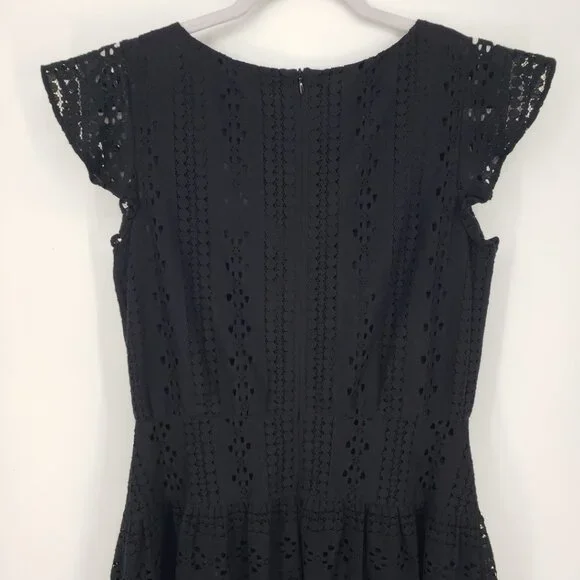 3/$25 LOFT Eyelet Lace Mini Dress 4 Fit and Flare Floune Ruffle Cotton Black - Picture 8 of 10